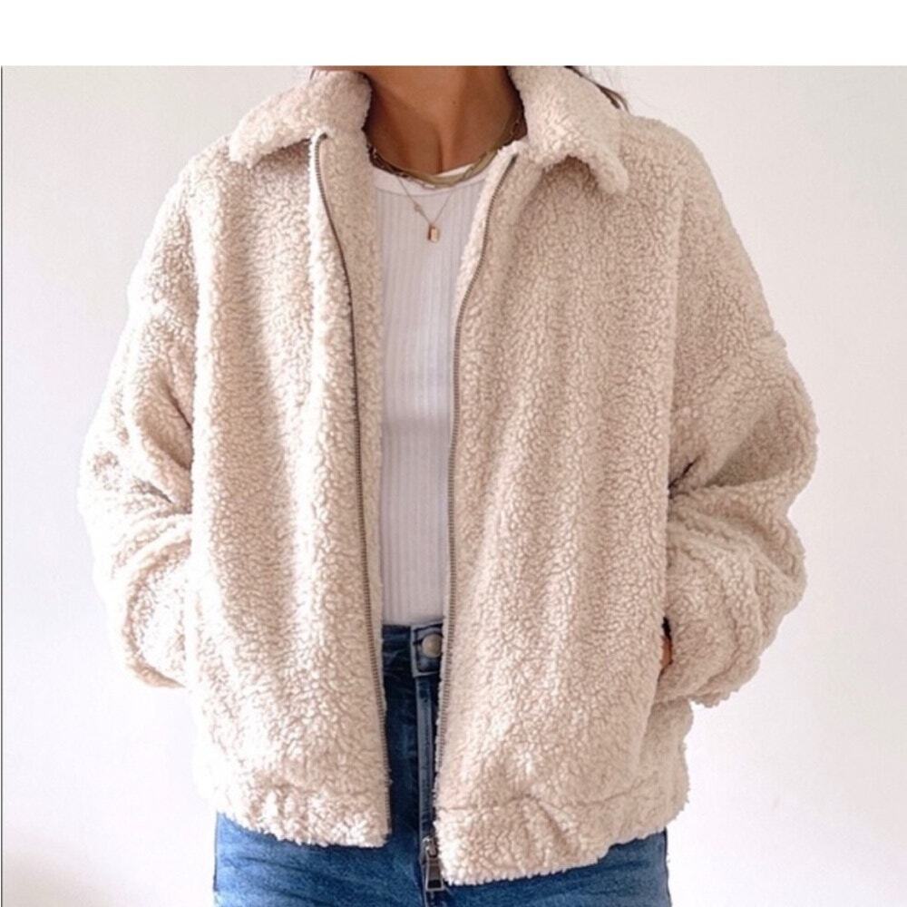 Michael Stars Ziggy Sherpa Teddy Jacket Boucle Bomber Coat, Ivory White, M